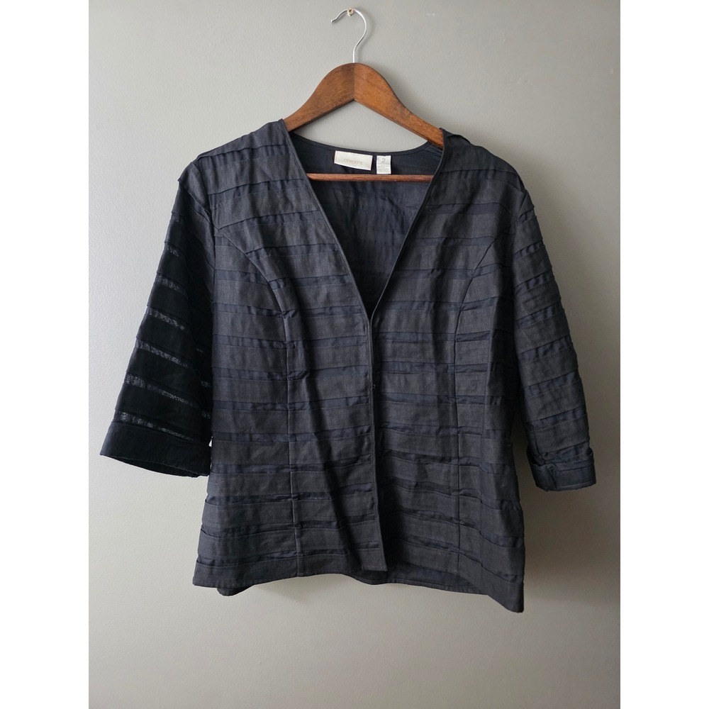 Chico's Black Textured Tiered Pleat Open Front Jacket Cotton Linen Size 2 Large